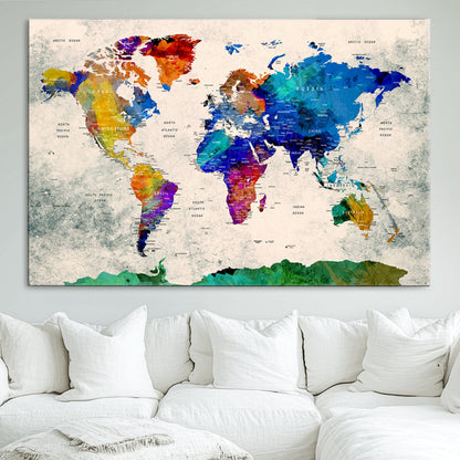 Push Pin World Map Canvas Print – Framed Wall Art for Couples to Track Their Travels – Anniversary Gift or Home Adventure Decor
