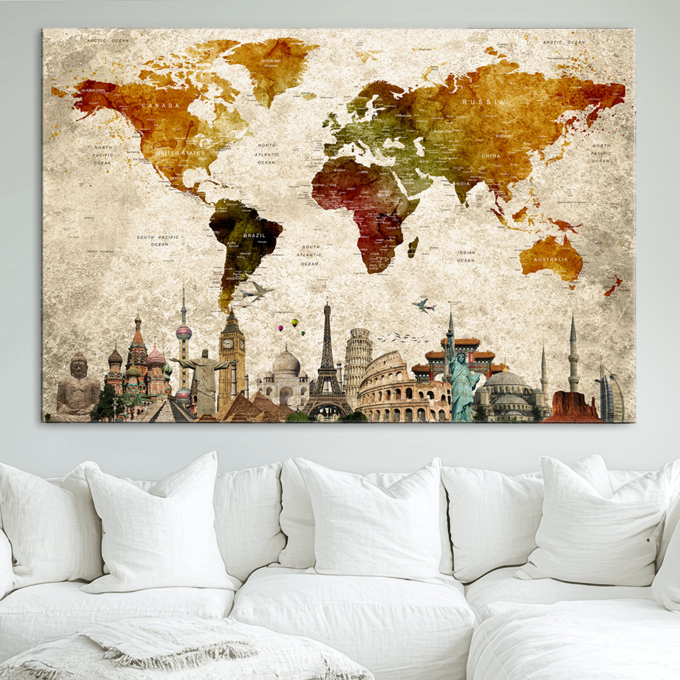 Push Pin World Map Canvas Print – Framed Wall Art for Couples to Track Their Travels – Anniversary Gift or Home Adventure Decor