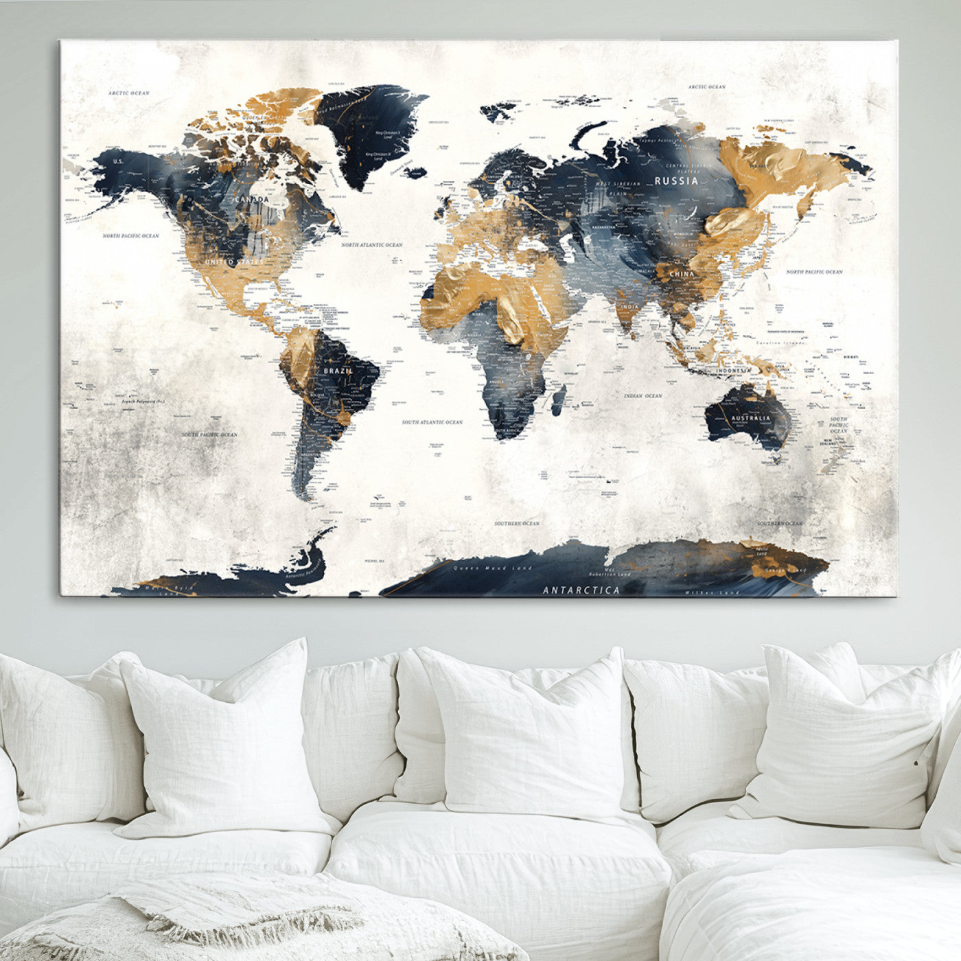 Push Pin World Map Canvas Print – Framed Wall Art for Couples to Track Their Travels – Anniversary Gift or Home Adventure Decor