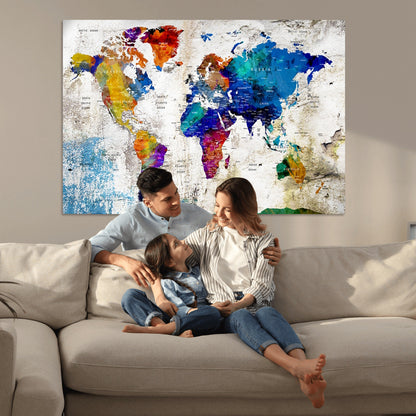 Push Pin World Map Canvas Print – Framed Wall Art for Couples to Track Their Travels – Anniversary Gift or Home Adventure Decor