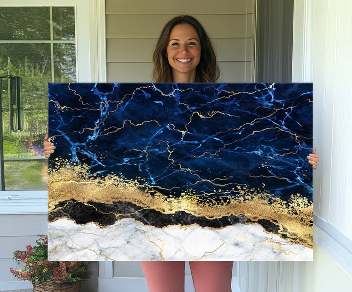 Navy Blue Marble Fluid Effect Wall Art Abstract Canvas Wall Art Print