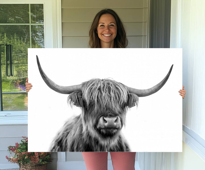 Scottish Highland Cow Cattle Art Print Wall Art Canvas Print for Farmhouse Decor, Framed Scottish Highland Cow Canvas