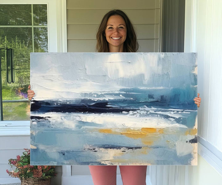 Abstract Ocean Canvas Wall Art - Coastal Blue and Gold Textured Painting, Modern Seascape Decor for Living Room Decor