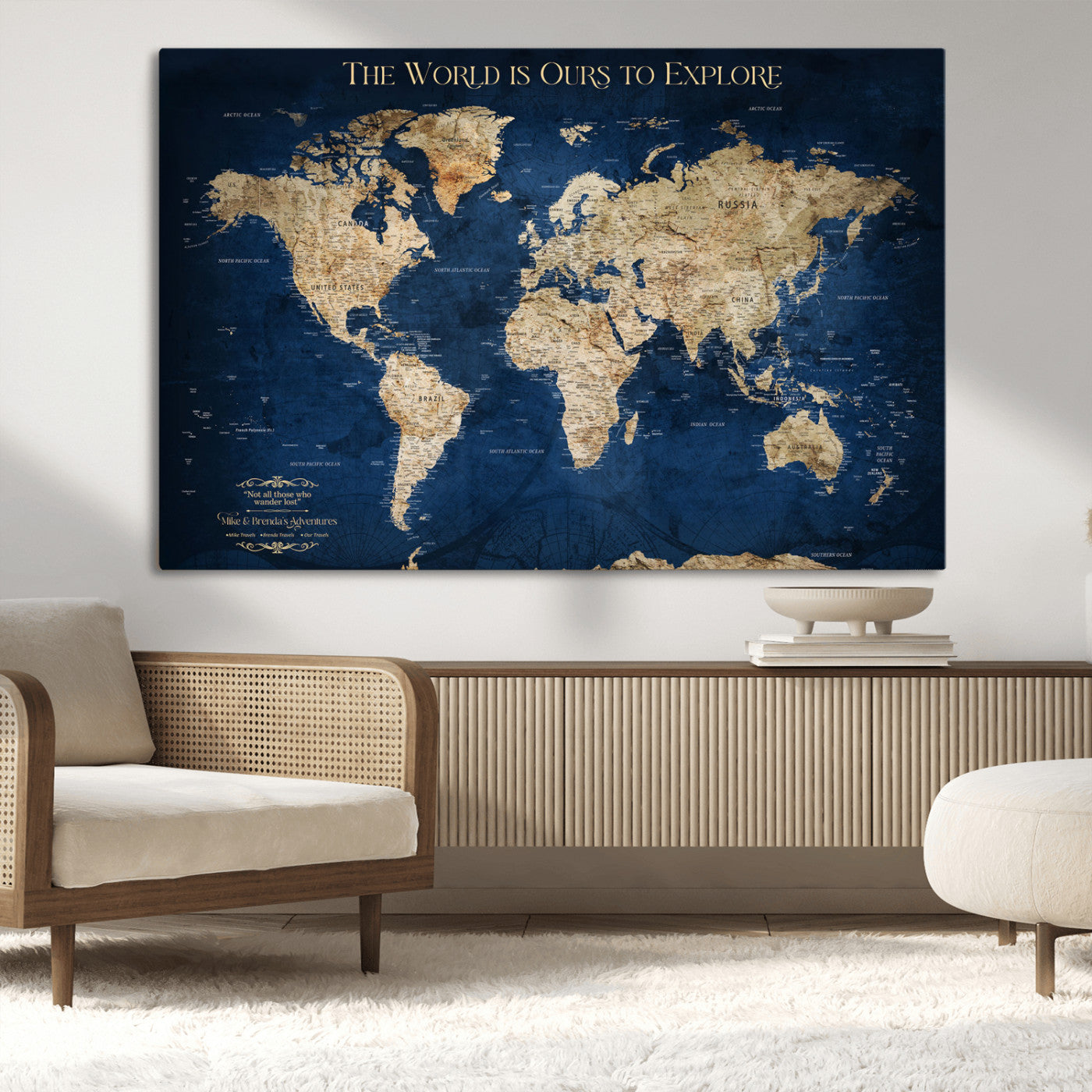 Custom World Map Wall Art – Personalized Framed Canvas Print with Push Pins for Travel Tracking, Anniversary or Couple Gift Ideas - H2-2