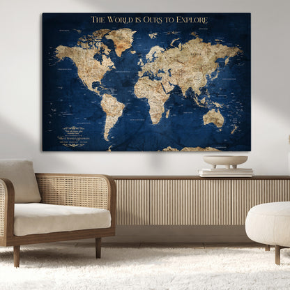 Custom World Map Wall Art – Personalized Framed Canvas Print with Push Pins for Travel Tracking, Anniversary or Couple Gift Ideas - H2-2