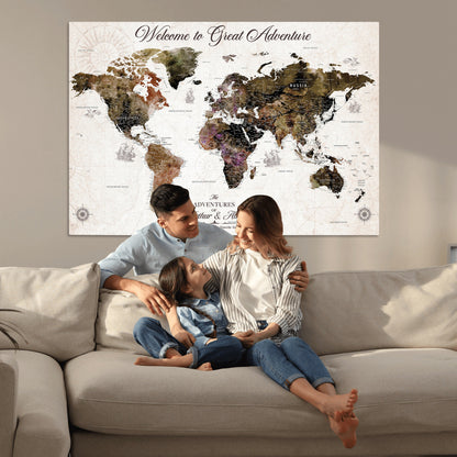 35778202-MGV-CV-36X24-Custom Push Pin World Map Wall Canvas Print – Personalized Travel Map with Pins – Framed Large Canvas for Home Office Decor