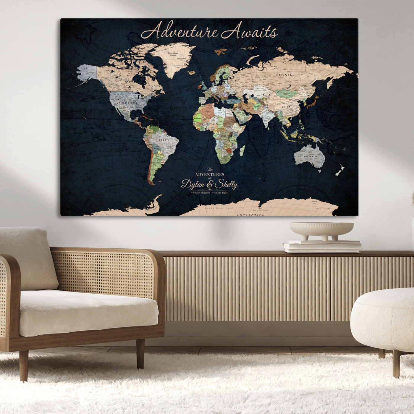 43186793-MGV-CV-30X20-Personalized World Map Print, Customizable Push Pin Framed World Map Print on Canvas - Custom Quote on Map Print