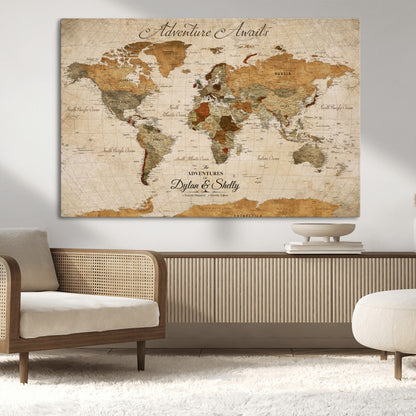 20810820-MGV-CV-30X20-Personalized World Map Print, Customizable Push Pin Framed World Map Print on Canvas - Custom Quote on Map Print