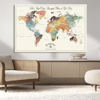 29289638-MGV-CV-36X24-Personalized World Map Print - Customizable Push Pin Framed World Map Print on Canvas - Custom Quote on Map Print