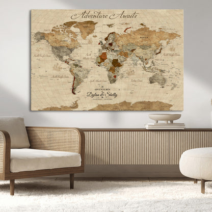 29054239-MGV-CV-36X24-Personalized World Map Print - Customizable Push Pin Framed World Map Print on Canvas - Custom Quote on Map Print