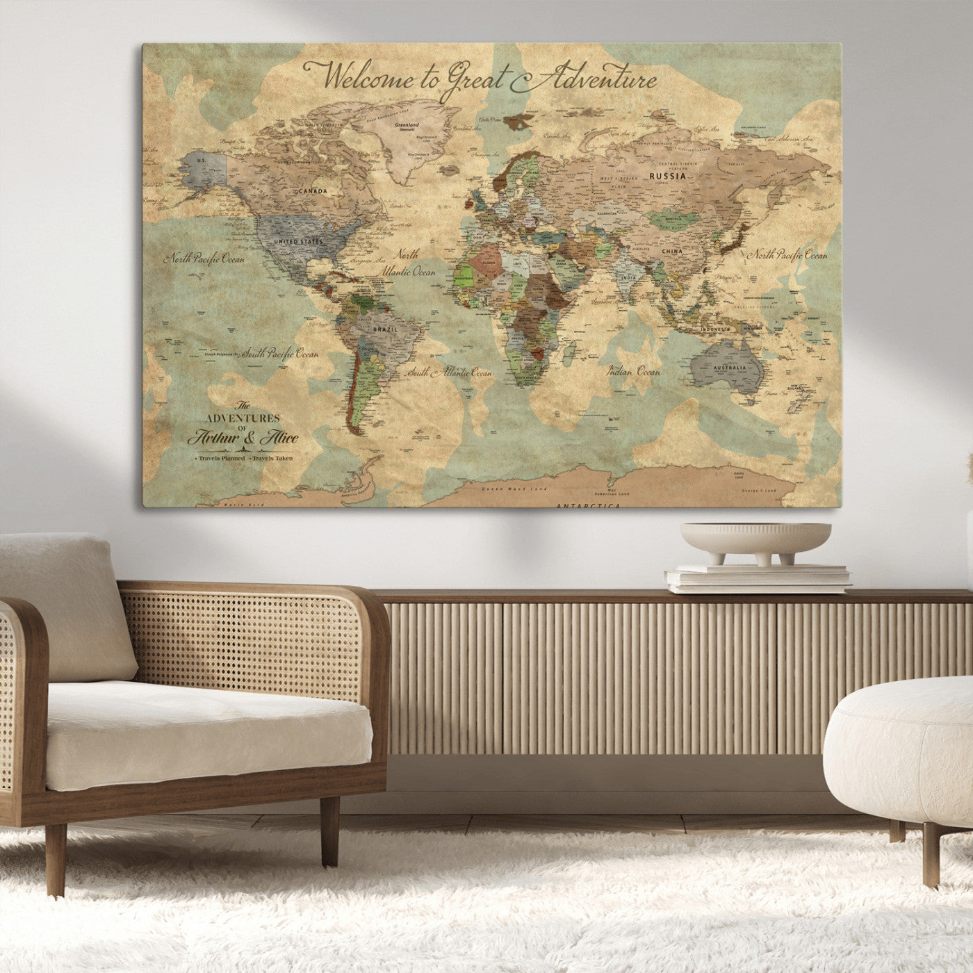 17693651-MGV-CV-36X24-Custom Push Pin World Map Wall Canvas Print – Personalized Travel Tracker with Pins – Framed Custom Quotie Canvas for Home Office Decor Art Print