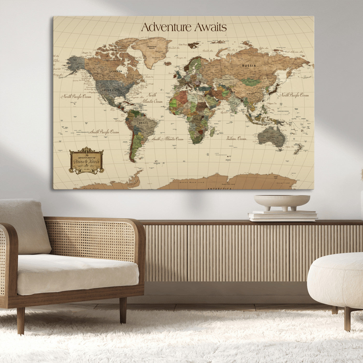 74480507-MGV-CV-36X24-Custom Push Pin World Map Wall Canvas Print – Personalized Travel Tracker with Pins – Framed Custom Quotie Canvas for Home Office Decoration