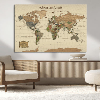 74480507-MGV-CV-36X24-Custom Push Pin World Map Wall Canvas Print – Personalized Travel Tracker with Pins – Framed Custom Quotie Canvas for Home Office Decoration