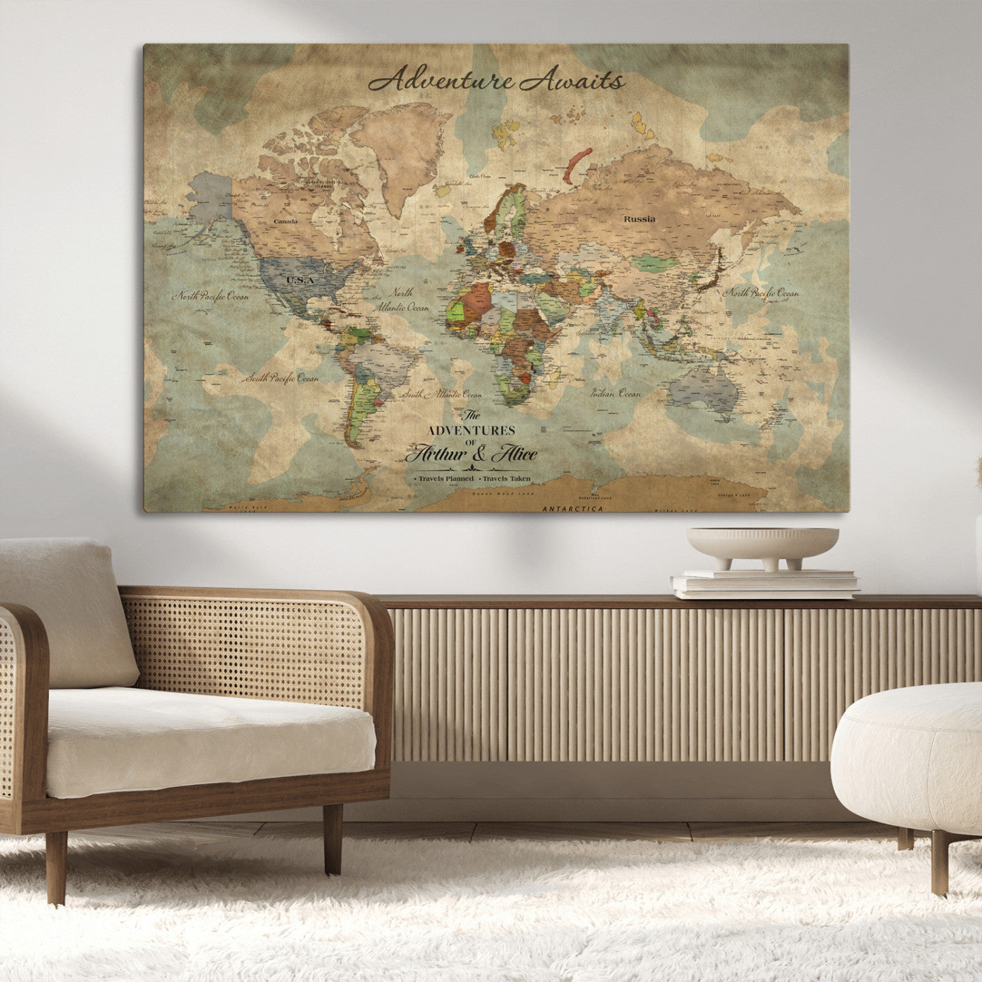 60798273-MGV-CV-30X20-Custom Push Pin World Map Wall Canvas Print – Personalized Travel Tracker with Pins – Framed Custom Quotie Canvas for Home Office Decor