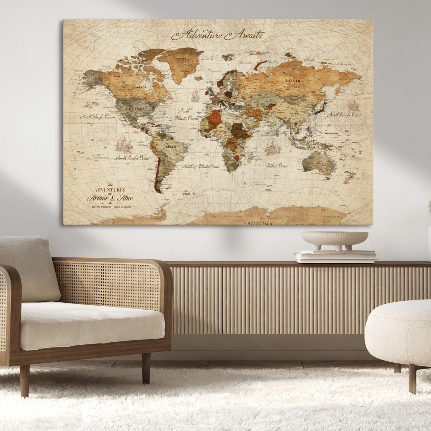 64295326-MGV-CV-30X20-Custom Push Pin World Map Wall Canvas Print – Personalized Travel Tracker with Pins – Framed Custom Quotie Canvas for Home Office Decor