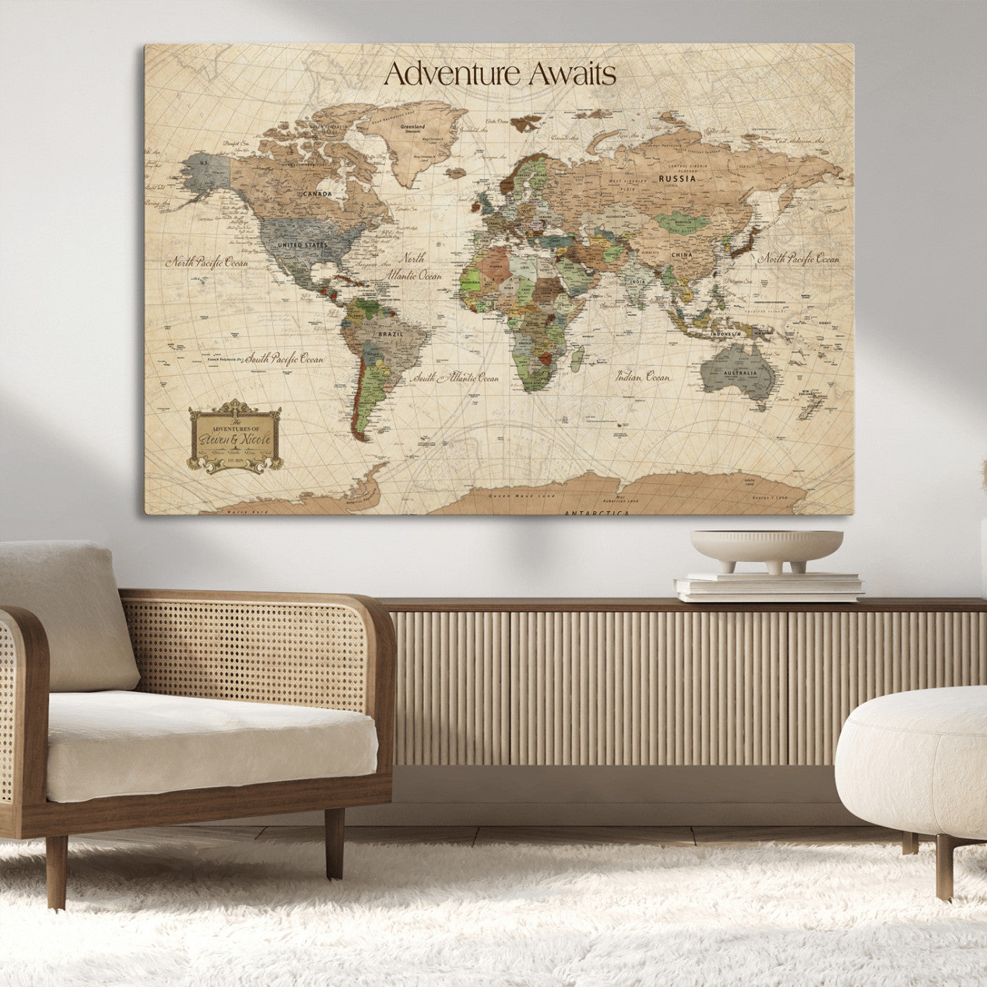 33020399-MGV-CV-30X20-Custom Push Pin World Map Wall Canvas Print – Personalized Travel Tracker with Pins – Framed Custom Quotie Canvas for Home Office Decor