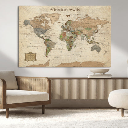33020399-MGV-CV-30X20-Custom Push Pin World Map Wall Canvas Print – Personalized Travel Tracker with Pins – Framed Custom Quotie Canvas for Home Office Decor