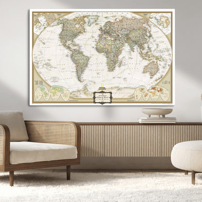 Custom Push Pin World Map Wall Art Canvas Print – Personalized National Geopraphic Map for Travel Plan – Framed Customize Animal Map for Stady Room Decor