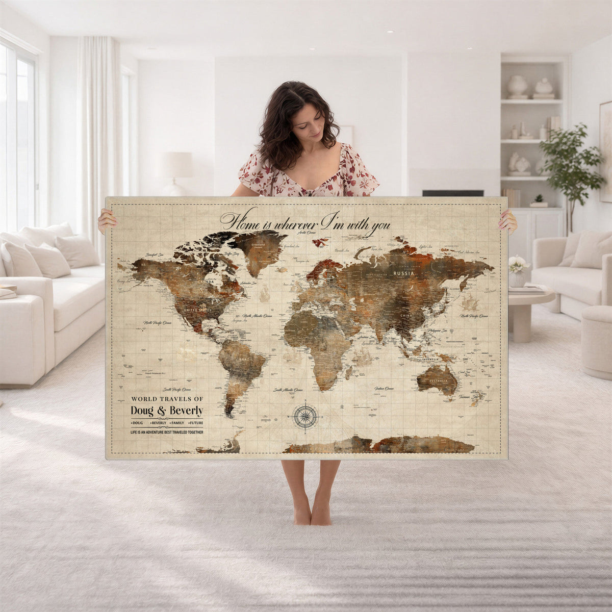 Large Custom Framed Beige Vintage World Travel Map Wall Art with Pins, Couples Countries Visited Map, Living Room and Hallway Decor