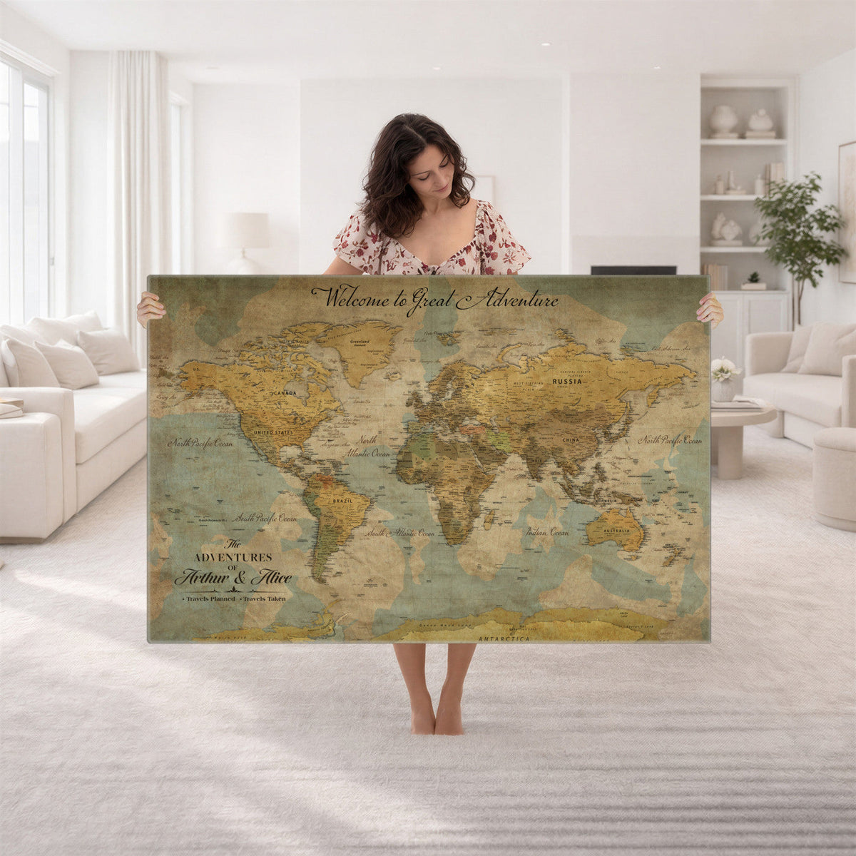 Custom Black Vintage Push Pin Travel Map Canvas Print, Kids Room Travel Map with Pins
