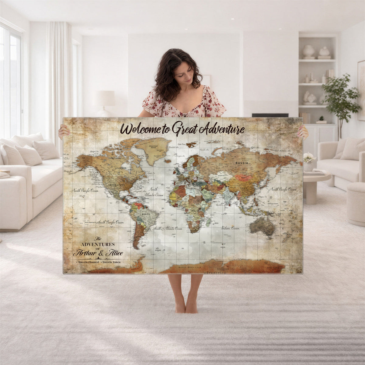 Personalized Beige Push Pin World Map Wall Art, Bucket List Map, Living Room and Family Room Decor