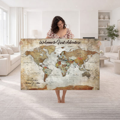 Personalized Beige Push Pin World Map Wall Art, Bucket List Map, Living Room and Family Room Decor
