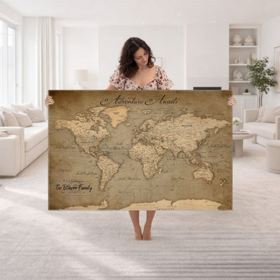 Personalized Framed Beige World Travel Map Wall Art with Pins, Family Travel Tracker, Family Room and Entryway Decor