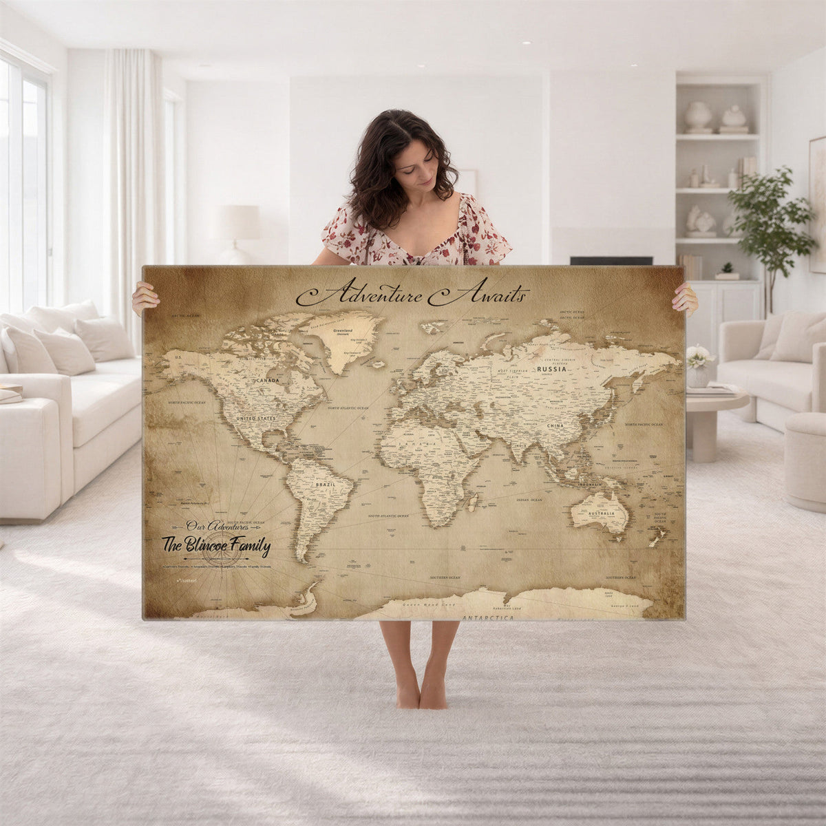 Personalized Black Modern Push Pin World Map Wall Art, Places Visited Tracker, Family Room and Bedroom Decor