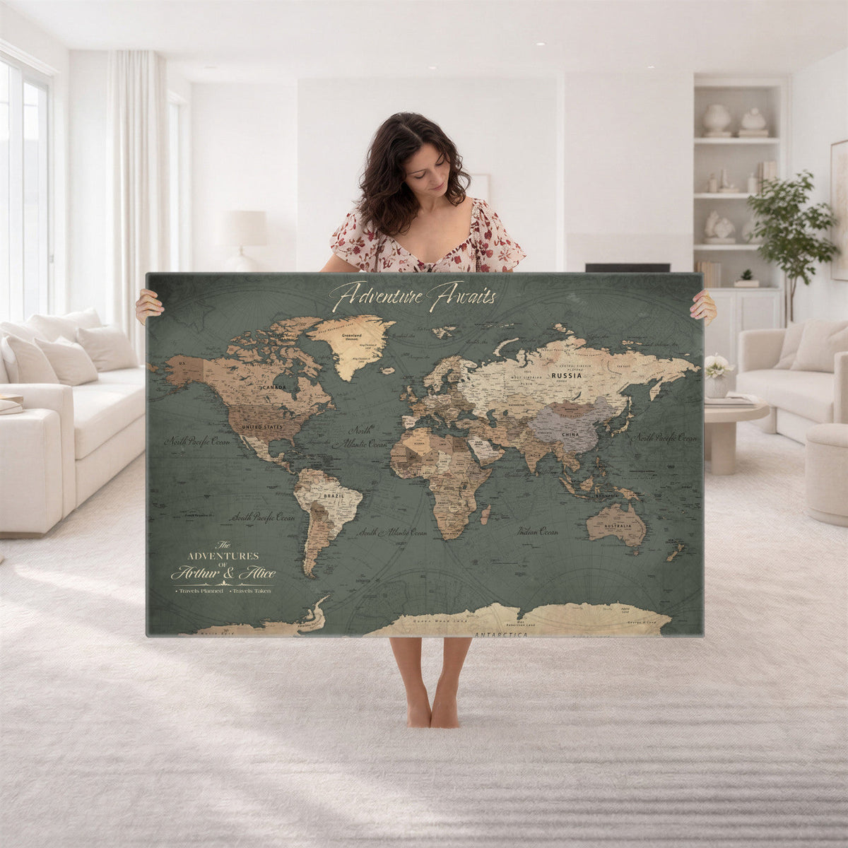 Personalized Framed Beige Modern World Map Canvas with Push Pins, Bucket List Map, Family Room and Dining Room Decor