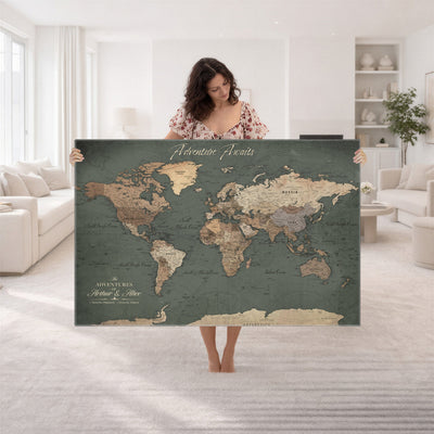 Personalized Framed Beige Modern World Map Canvas with Push Pins, Bucket List Map, Family Room and Dining Room Decor