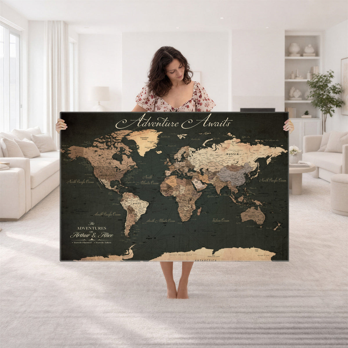 Custom Gray Modern Push Pin Travel Map Canvas Print, Next Trip Planner Map, Family Room and Bedroom Decor