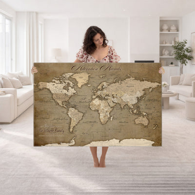 Custom Beige Modern Push Pin World Map Canvas Print, Family Travel Tracker, Dining Room and Home Office Decor