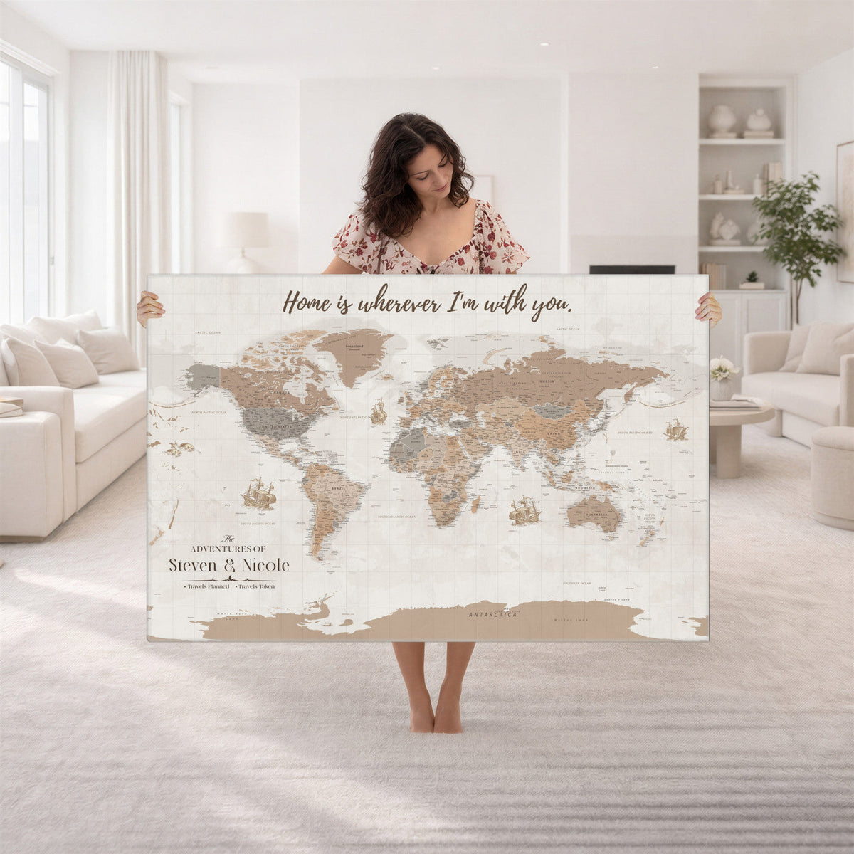 Personalized Push Pin Travel Map Canvas Print, Honeymoon and Anniversary Gift, Family Room and Hallway Decor