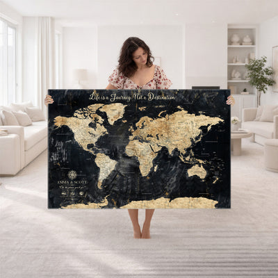 Personalized Framed Navy Modern Push Pin World Map Canvas Print, Couples Countries Visited Map, Family Room and Study Decor