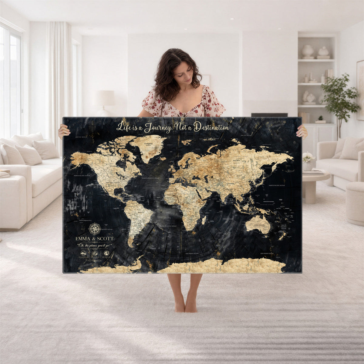 Personalized Framed Beige Push Pin World Map Wall Art, Bucket List Map, Living Room and Dining Room Decor