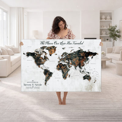 Personalized Beige Push Pin World Map Canvas Print, Honeymoon and Anniversary Gift, Living Room and Dining Room Decor