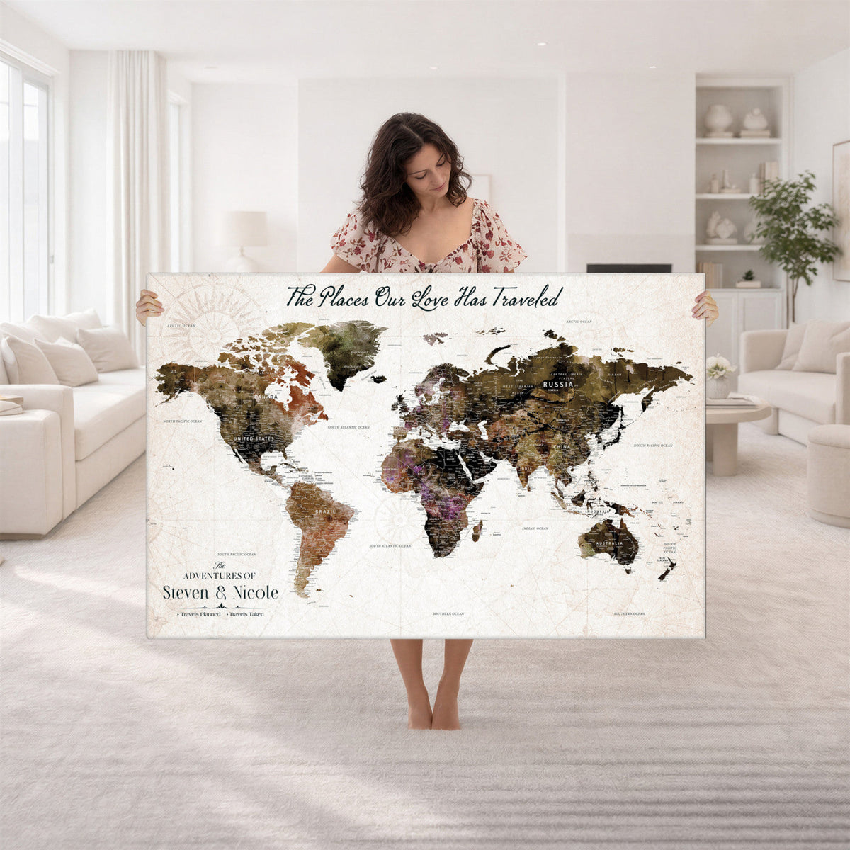 34345515-MGV-CV-36X24 - Custom Push Pin World Map Wall Art Canvas Print | Personalized Travel Tracker with Pins Framed Large for Home and Office Decor