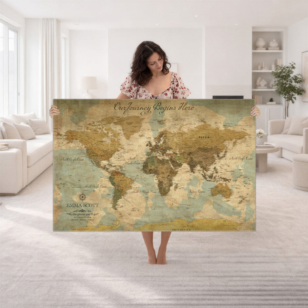 Personalized Navy Push Pin Travel Map Canvas Print, Couples Countries Visited Map, Living Room and Dining Room Decor