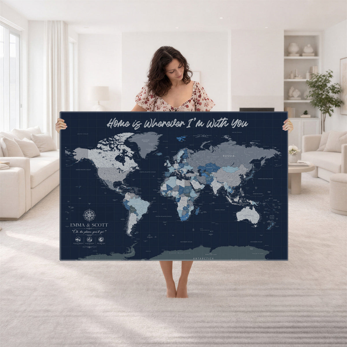 NEWMAP-18-MGV-CV-36X24 - Custom Push Pin World Map Wall Art Canvas Print | Personalized Travel Tracker with Pins Framed Large Print - NEWMAP-18