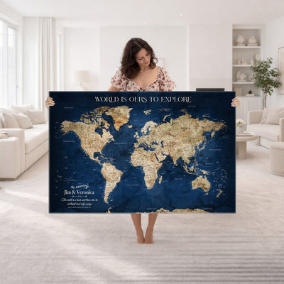 35296308-MGV-CV-36X24 - Custom Push Pin World Map Wall Art Canvas Print | Personalized Travel Tracker with Pins Framed Large for Home and Office Decor