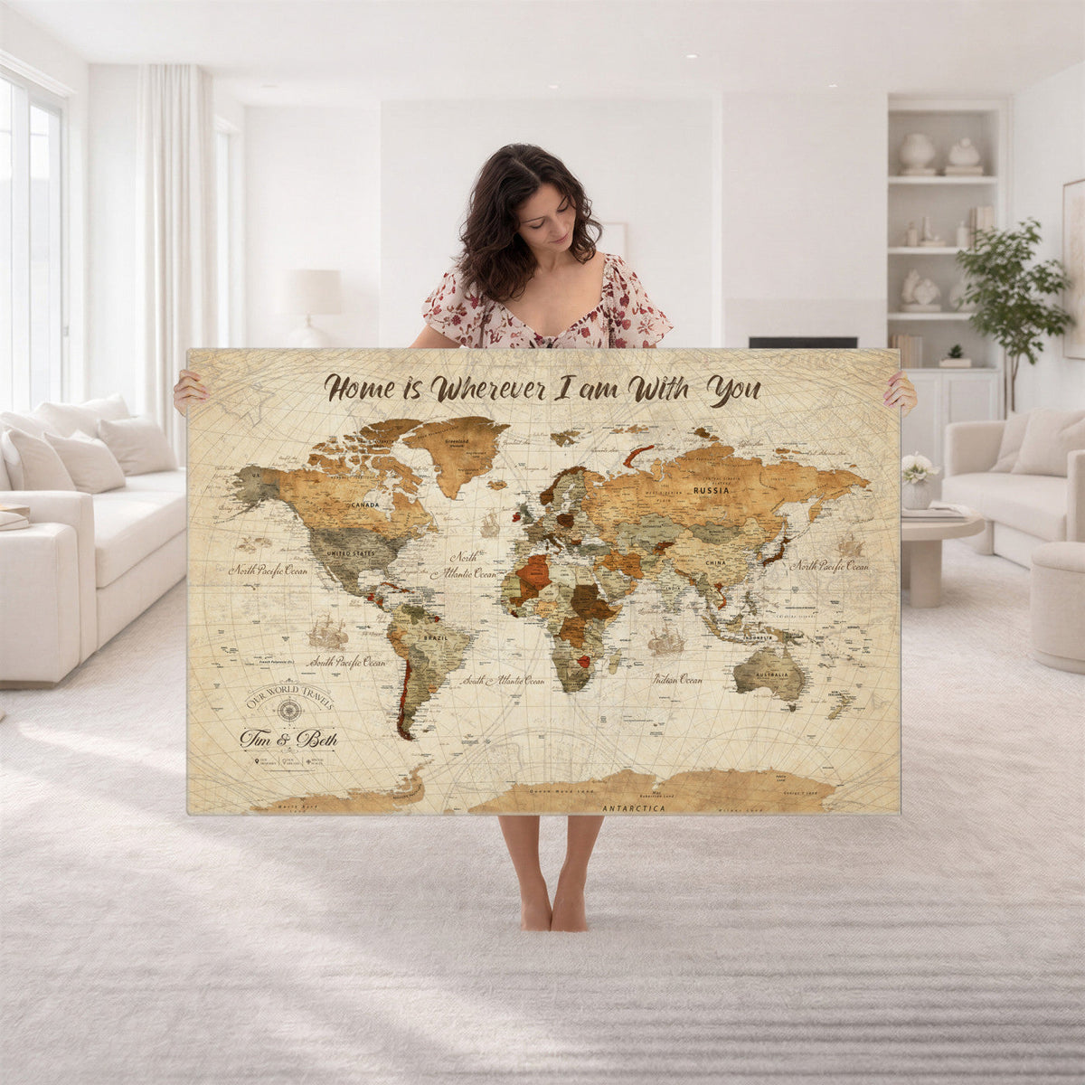Personalized Framed Black Modern Push Pin World Map Wall Art, Couples Countries Visited Map, Dining Room and Hallway Decor