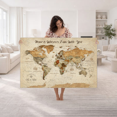 Personalized Framed Black Modern Push Pin World Map Wall Art, Couples Countries Visited Map, Dining Room and Hallway Decor