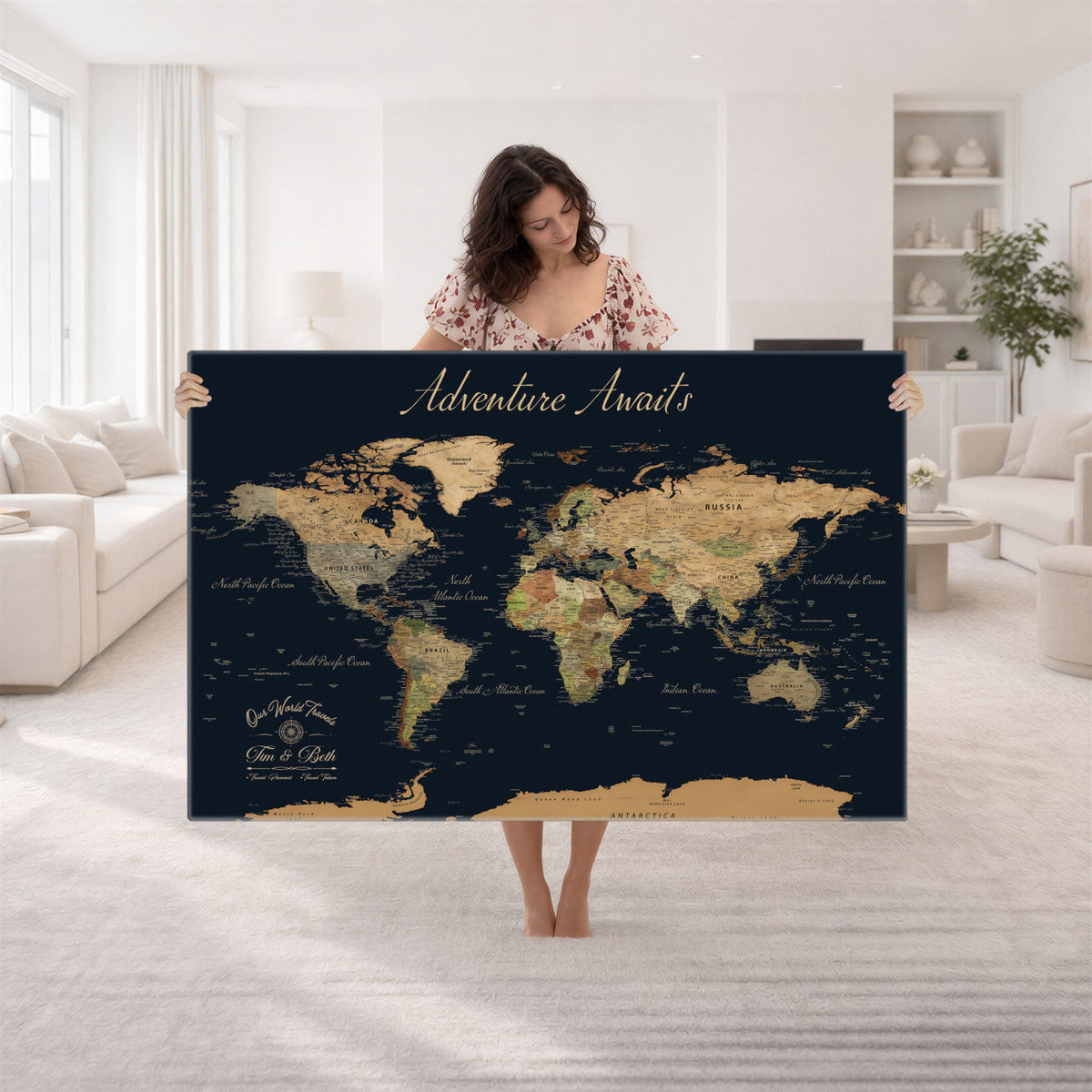 45739634-MGV-CV-36X24 - Custom Push Pin World Map Wall Art Canvas Print | Personalized Travel Tracker with Pins Framed Large for Home and Office Decor