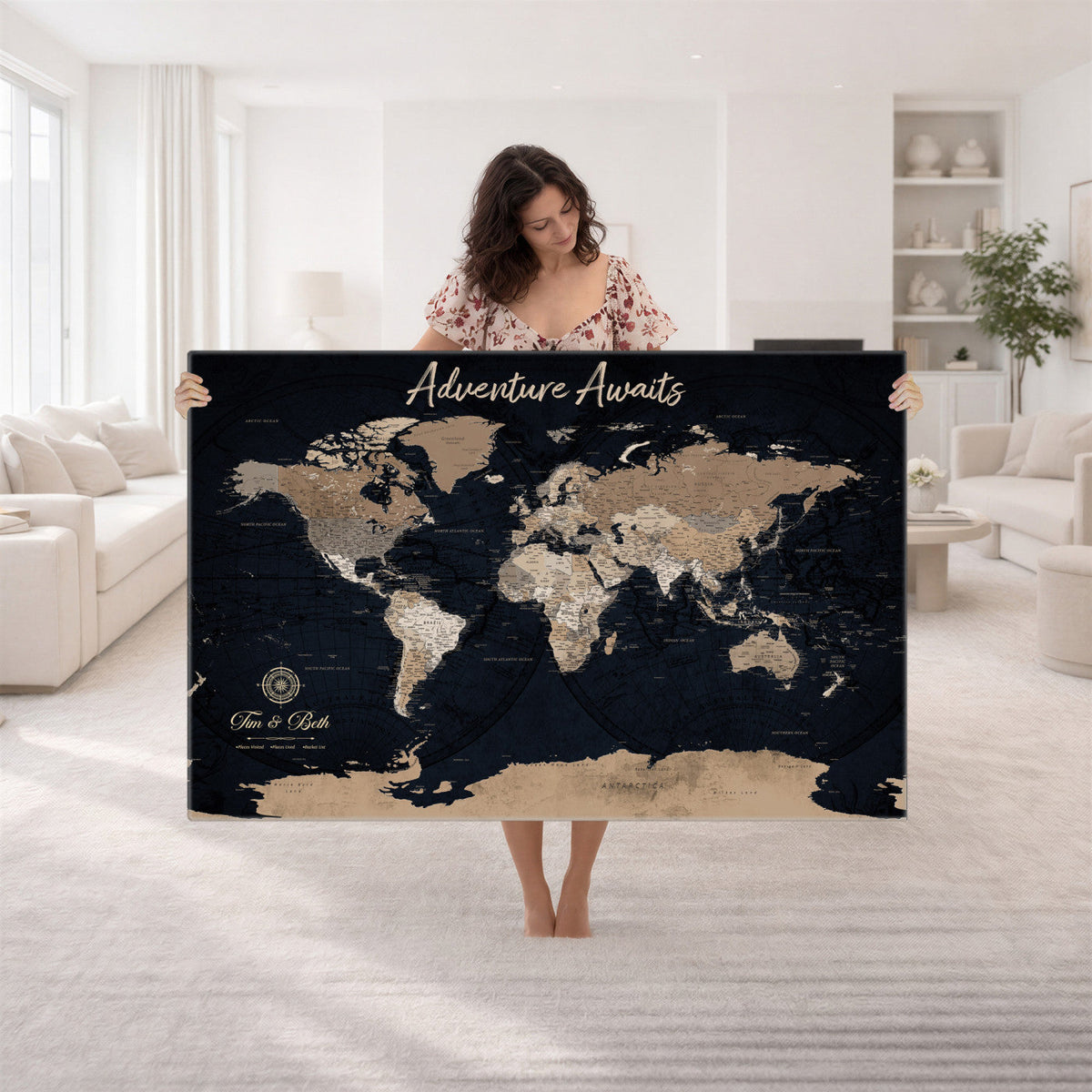 Personalized Framed Blue Vintage Push Pin World Map Canvas Print, Places Visited Tracker, Home Office and Hallway Decor