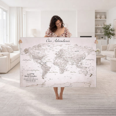 Personalized Beige Vintage World Travel Map Wall Art with Pins, Honeymoon and Anniversary Gift, Entryway and Hallway Decor