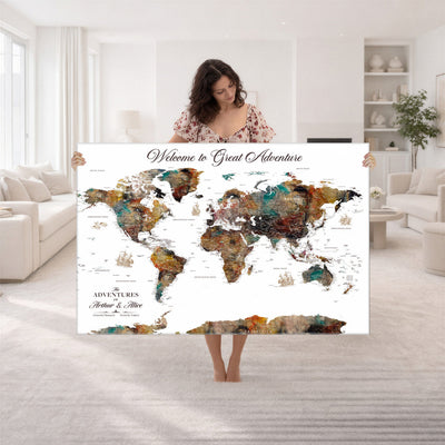 Custom Framed Beige Modern Push Pin World Map Wall Art, Couples Countries Visited Map, Study and Entryway Decor