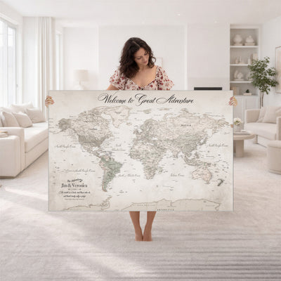84311132-MGV-CV-36X24 - Personalized Beige World Map Canvas with Push Pins, Places Visited Tracker, Family Room and Entryway Decor