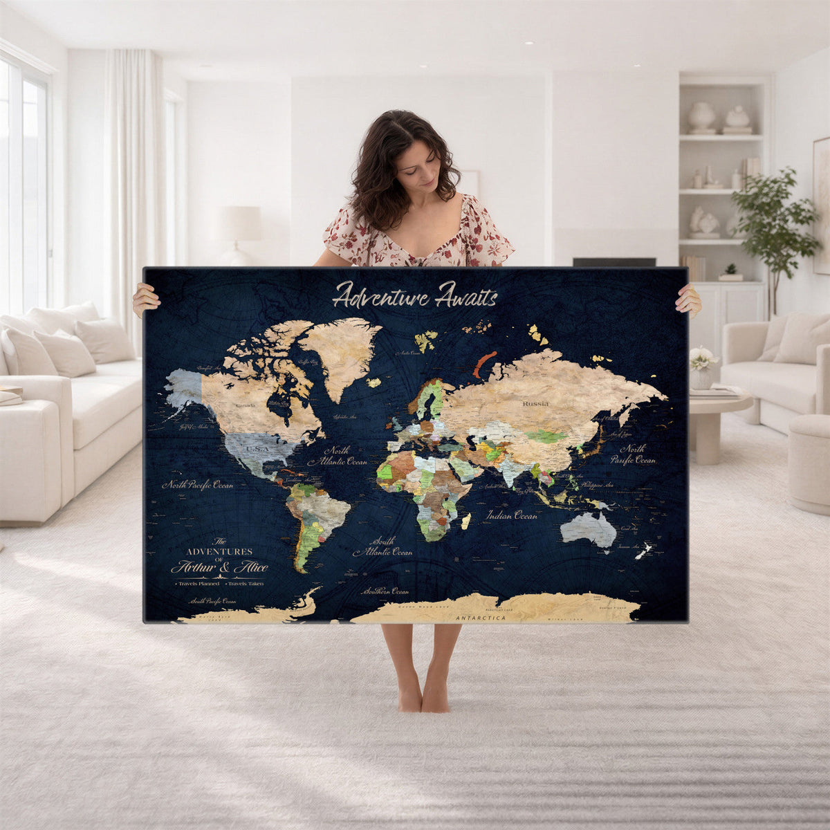 Personalized Beige Antique Push Pin Travel Map Canvas Print, Bucket List Map, Dining Room and Entryway Decor