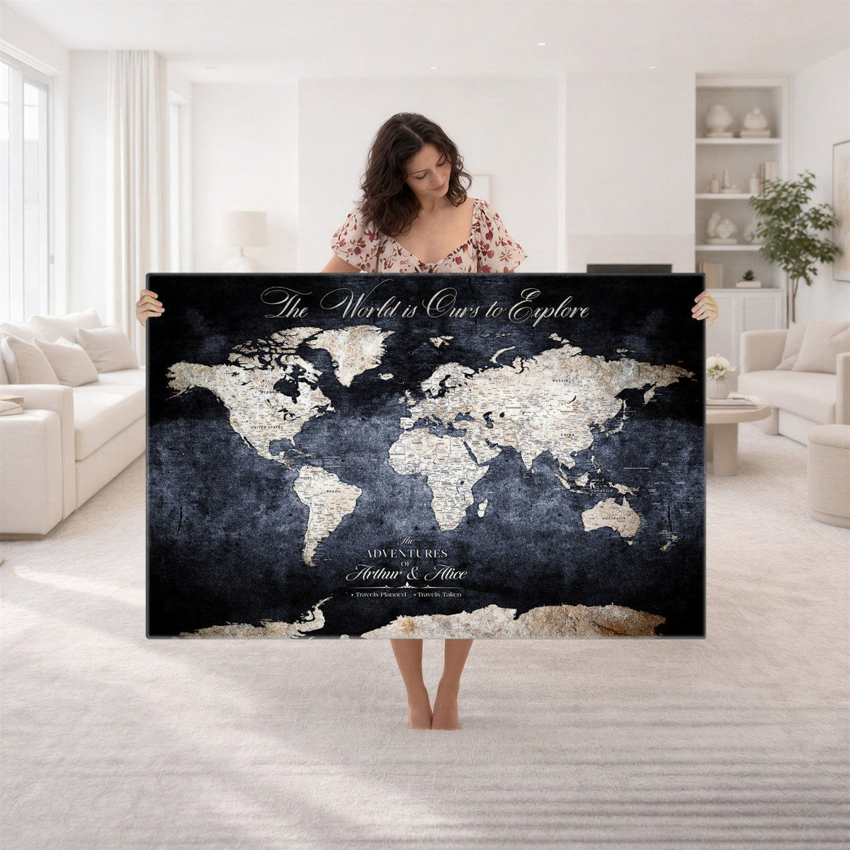 Personalized Beige Modern Push Pin Travel Map Canvas Print, Places Visited Tracker, Study and Entryway Decor