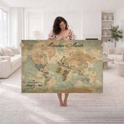 Custom Beige World Travel Map Wall Art with Pins, Bucket List Map, Dining Room and Study Decor